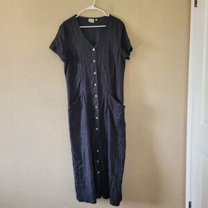Vtg Match Womens 16 100% Linen Black Button Front Maxi Dress Beach USA Lagenlook